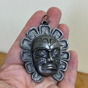 Coastal Salish Haida Sun Necklace Pendant Vintage Indigenous Pewter Jewelry